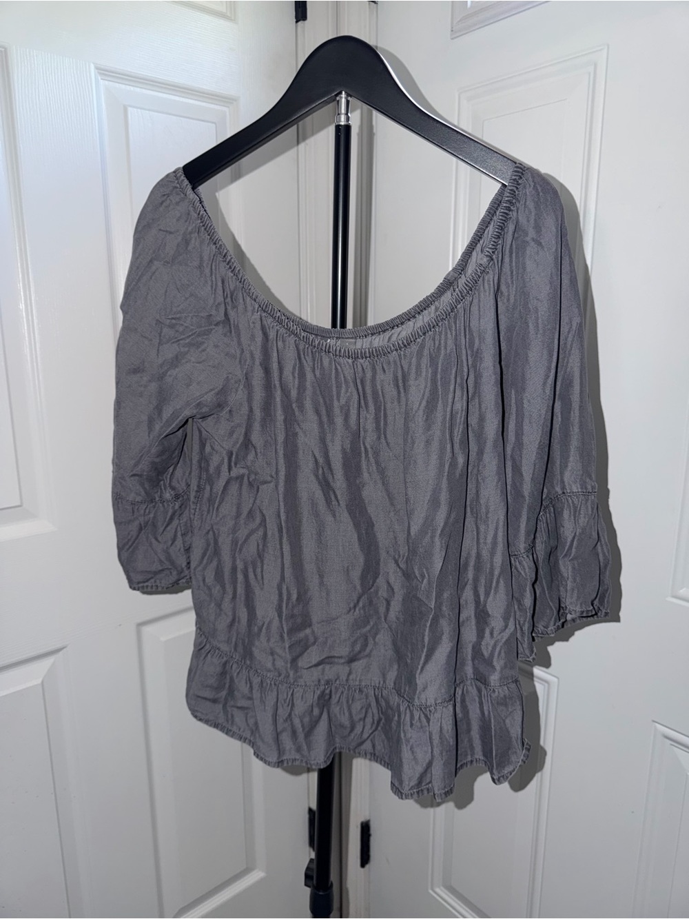Soho Gray Off-Shoulder Ruffle Hem Tunic